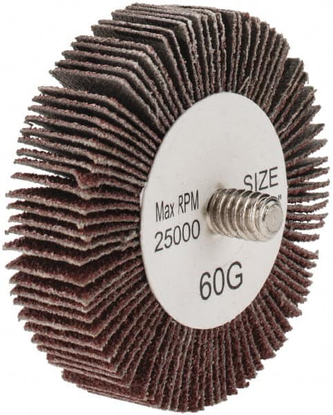 Tru-Maxx - 2" Diam x 1/2" Face Width, Medium Aluminum Oxide Coated Mounted Flap Wheel - 1/4-20 Threaded Mount, 60 Grit, 25,000 Max RPM - Benchmark Tooling