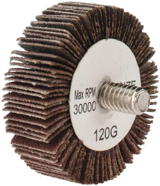 Tru-Maxx - 1-1/2" Diam x 1/2" Face Width, Fine Aluminum Oxide Coated Mounted Flap Wheel - 1/4-20 Threaded Mount, 120 Grit, 30,000 Max RPM - Benchmark Tooling