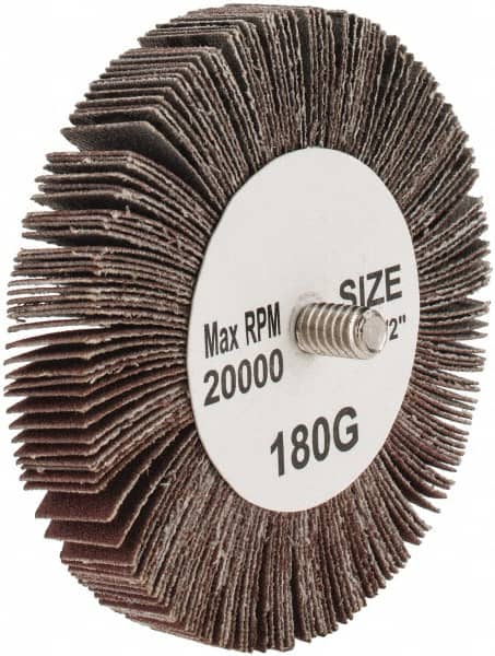 Tru-Maxx - 3" Diam x 1/2" Face Width, Very Fine Aluminum Oxide Coated Mounted Flap Wheel - 1/4-20 Threaded Mount, 180 Grit, 20,000 Max RPM - Benchmark Tooling