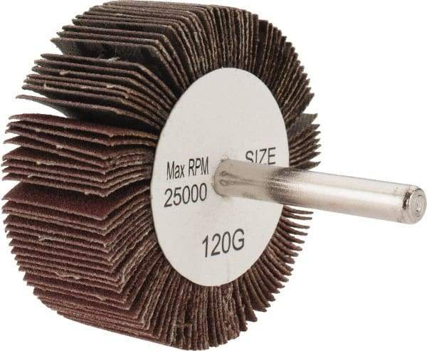 Tru-Maxx - 2-1/2" Diam x 1" Face Width, Fine Aluminum Oxide Coated Mounted Flap Wheel - 1/4" Shank Mount, 120 Grit, 25,000 Max RPM - Benchmark Tooling