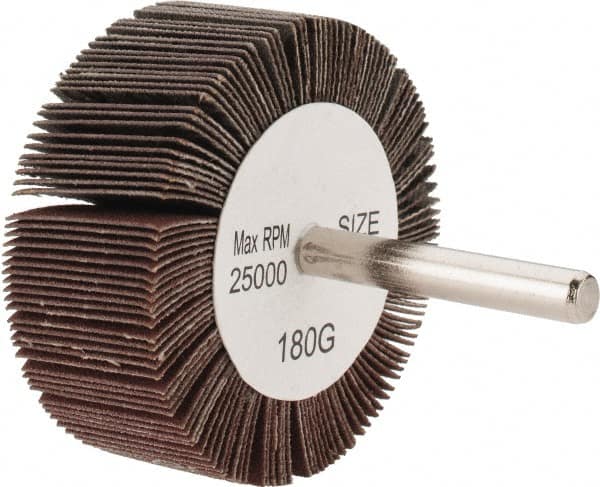 Tru-Maxx - 2-1/2" Diam x 1" Face Width, Very Fine Aluminum Oxide Coated Mounted Flap Wheel - 1/4" Shank Mount, 180 Grit, 25,000 Max RPM - Benchmark Tooling