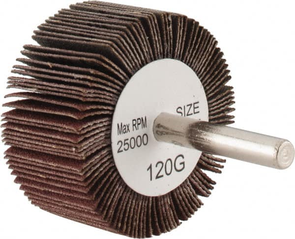 Tru-Maxx - 2" Diam x 1" Face Width, Fine Aluminum Oxide Coated Mounted Flap Wheel - 1/4" Shank Mount, 120 Grit, 25,000 Max RPM - Benchmark Tooling