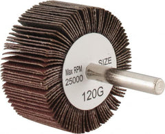 Tru-Maxx - 2" Diam x 1" Face Width, Fine Aluminum Oxide Coated Mounted Flap Wheel - 1/4" Shank Mount, 120 Grit, 25,000 Max RPM - Benchmark Tooling