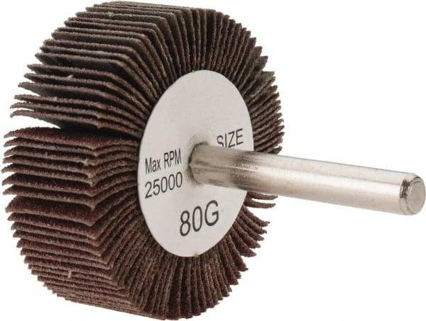 Tru-Maxx - 2" Diam x 3/4" Face Width, Medium Aluminum Oxide Coated Mounted Flap Wheel - 1/4" Shank Mount, 80 Grit, 25,000 Max RPM - Benchmark Tooling
