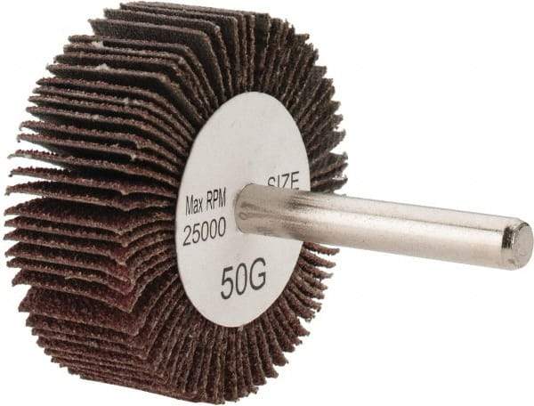 Tru-Maxx - 2" Diam x 3/4" Face Width, Coarse Aluminum Oxide Coated Mounted Flap Wheel - 1/4" Shank Mount, 50 Grit, 25,000 Max RPM - Benchmark Tooling