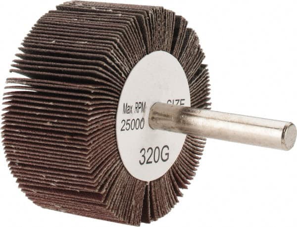 Tru-Maxx - 2" Diam x 1" Face Width, Extra Fine Aluminum Oxide Coated Mounted Flap Wheel - 1/4" Shank Mount, 320 Grit, 25,000 Max RPM - Benchmark Tooling