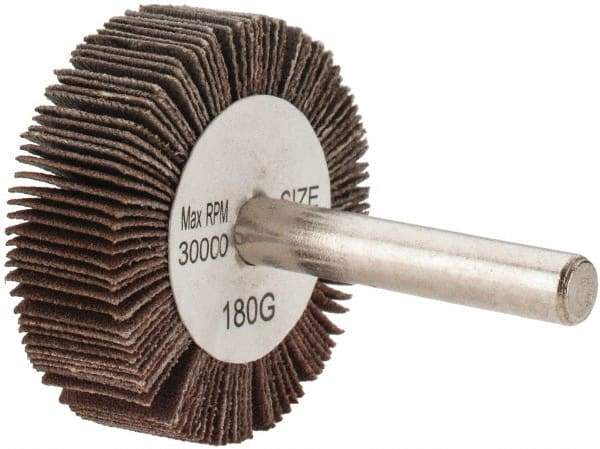 Tru-Maxx - 1-1/2" Diam x 1/2" Face Width, Very Fine Aluminum Oxide Coated Mounted Flap Wheel - 1/4" Shank Mount, 180 Grit, 30,000 Max RPM - Benchmark Tooling