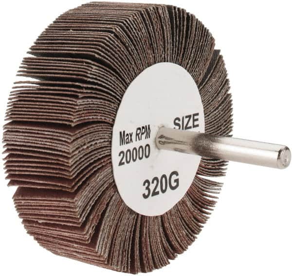 Tru-Maxx - 3" Diam x 1" Face Width, Extra Fine Aluminum Oxide Coated Mounted Flap Wheel - 1/4" Shank Mount, 320 Grit, 20,000 Max RPM - Benchmark Tooling