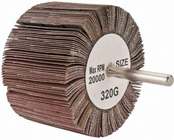 Tru-Maxx - 3" Diam x 2" Face Width, Extra Fine Aluminum Oxide Coated Mounted Flap Wheel - 1/4" Shank Mount, 320 Grit, 20,000 Max RPM - Benchmark Tooling