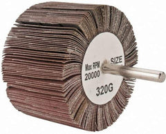 Tru-Maxx - 3" Diam x 2" Face Width, Extra Fine Aluminum Oxide Coated Mounted Flap Wheel - 1/4" Shank Mount, 320 Grit, 20,000 Max RPM - Benchmark Tooling