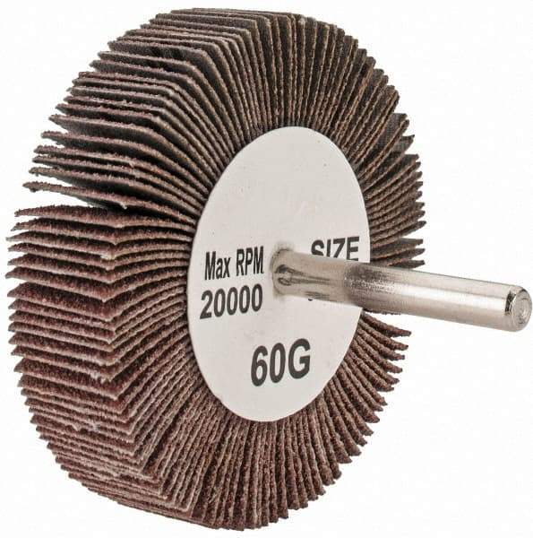 Tru-Maxx - 3" Diam x 3/4" Face Width, Medium Aluminum Oxide Coated Mounted Flap Wheel - 1/4" Shank Mount, 60 Grit, 20,000 Max RPM - Benchmark Tooling