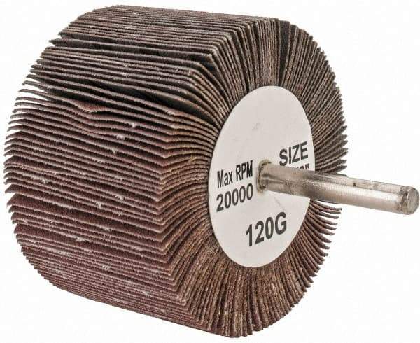 Tru-Maxx - 3" Diam x 2" Face Width, Fine Aluminum Oxide Coated Mounted Flap Wheel - 1/4" Shank Mount, 120 Grit, 20,000 Max RPM - Benchmark Tooling