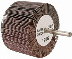 Tru-Maxx - 3" Diam x 2" Face Width, Fine Aluminum Oxide Coated Mounted Flap Wheel - 1/4" Shank Mount, 120 Grit, 20,000 Max RPM - Benchmark Tooling