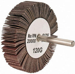 Tru-Maxx - 3" Diam x 3/4" Face Width, Fine Aluminum Oxide Coated Mounted Flap Wheel - 1/4" Shank Mount, 120 Grit, 20,000 Max RPM - Benchmark Tooling