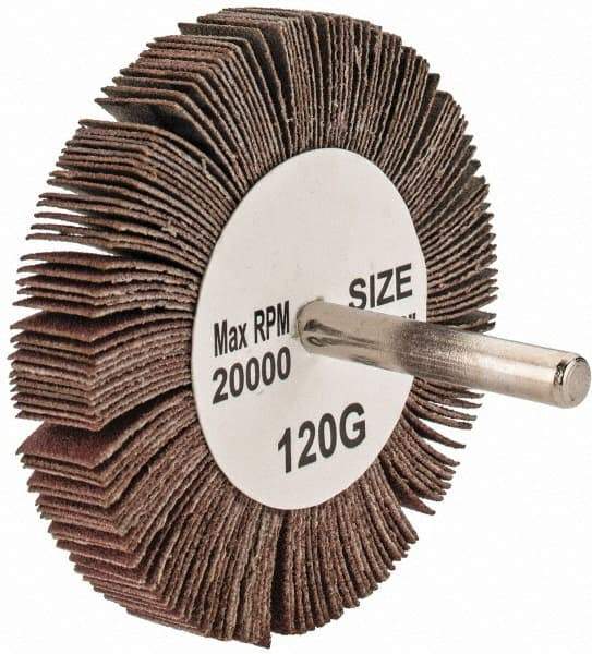 Tru-Maxx - 3" Diam x 1/2" Face Width, Fine Aluminum Oxide Coated Mounted Flap Wheel - 1/4" Shank Mount, 120 Grit, 20,000 Max RPM - Benchmark Tooling