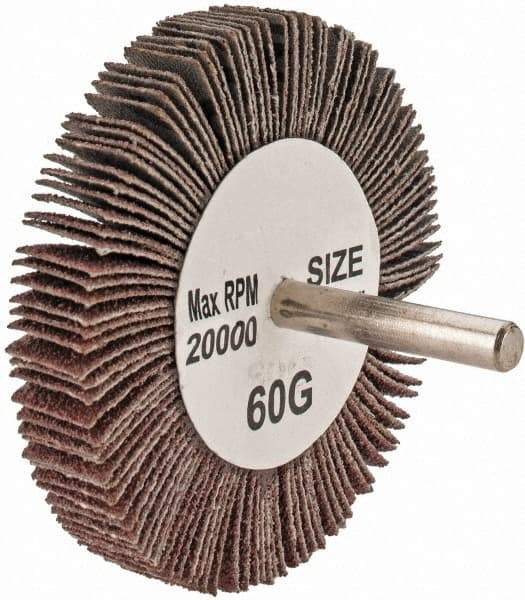 Tru-Maxx - 3" Diam x 1/2" Face Width, Medium Aluminum Oxide Coated Mounted Flap Wheel - 1/4" Shank Mount, 60 Grit, 20,000 Max RPM - Benchmark Tooling