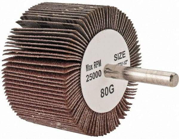Tru-Maxx - 2-1/2" Diam x 1-1/2" Face Width, Medium Aluminum Oxide Coated Mounted Flap Wheel - 1/4" Shank Mount, 80 Grit, 25,000 Max RPM - Benchmark Tooling
