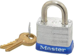 Master Lock - 9/16" Shackle Clearance, Keyed Different Padlock - 1/2" Shackle Width, 3/16" Shackle Diam, Brass - Benchmark Tooling