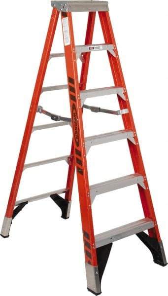 Werner - 5 Steps, 6' High, Type IAA Rating, Fiberglass Step Ladder - 375 Lb Capacity, 25" Base Width - Benchmark Tooling