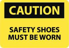 NMC - "Caution - Safety Shoes Must Be Worn", 10" Long x 14" Wide, Pressure-Sensitive Vinyl Safety Sign - Rectangle, 0.004" Thick, Use for Accident Prevention - Benchmark Tooling