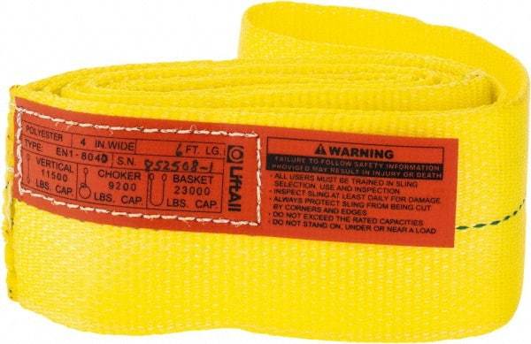 Lift-All - 6' Long x 4" Wide, 11,500 Lb Vertical Capacity, 1 Ply, Polyester Web Sling - 9,200 Lb Choker Capacity, Yellow - Benchmark Tooling