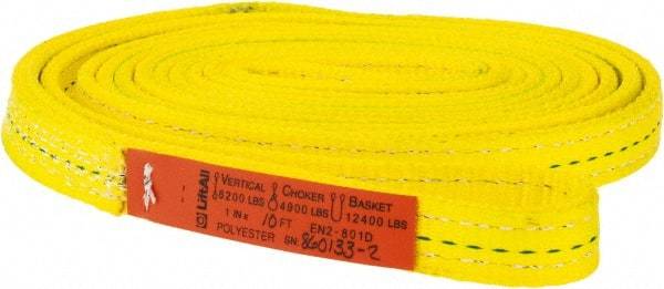 Lift-All - 10' Long x 1" Wide, 6,200 Lb Vertical Capacity, 2 Ply, Polyester Web Sling - 4,900 Lb Choker Capacity, Yellow - Benchmark Tooling