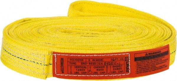 Lift-All - 16' Long x 2" Wide, 12,200 Lb Vertical Capacity, 2 Ply, Polyester Web Sling - 9,800 Lb Choker Capacity, Yellow - Benchmark Tooling