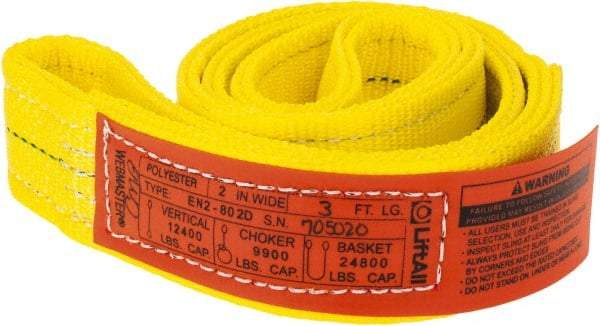 Lift-All - 3' Long x 2" Wide, 12,200 Lb Vertical Capacity, 2 Ply, Polyester Web Sling - 9,800 Lb Choker Capacity, Yellow - Benchmark Tooling