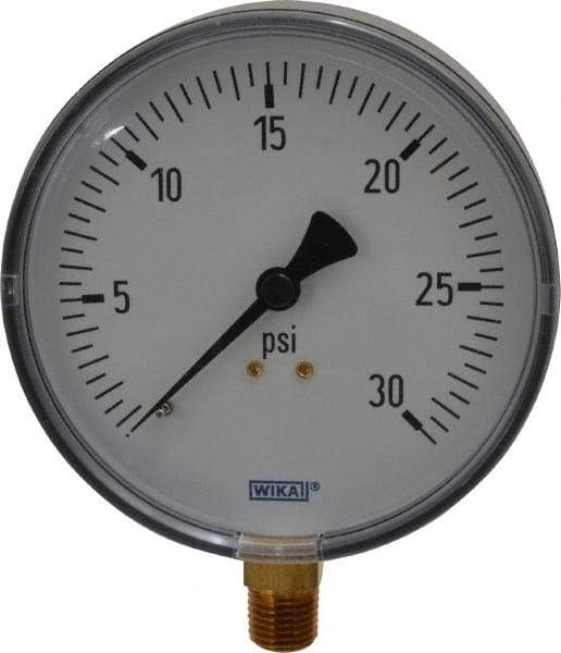 Wika - 4" Dial, 1/4 Thread, 0-30 Scale Range, Pressure Gauge - Lower Connection Mount, Accurate to 3-2-3% of Scale - Benchmark Tooling