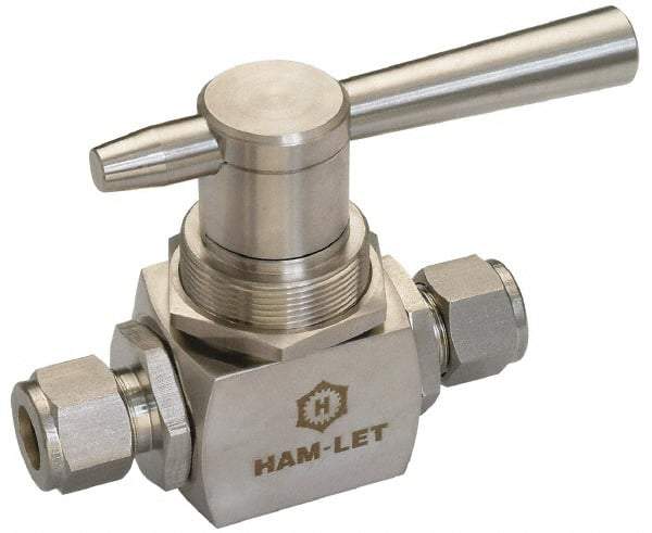 Ham-Let - 1/4" Pipe, FNPT x FNPT x FNPT End Connections, Stainless Steel, Three Way, Instrumentation Ball Valve - 6,000 psi WOG Rating, Tee Handle, PTFE Seal, KEL-F Seat - Benchmark Tooling