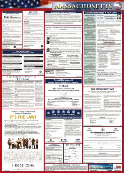 NMC - 24" Wide x 40" High Laminated Paper Labor Law Information Poster - Massachusetts Jurisdiction, 0.03" Thick, English - Benchmark Tooling