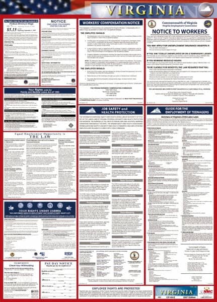 NMC - 24" Wide x 40" High Laminated Paper Labor Law Information Poster - Virginia Jurisdiction, 0.03" Thick, English - Benchmark Tooling