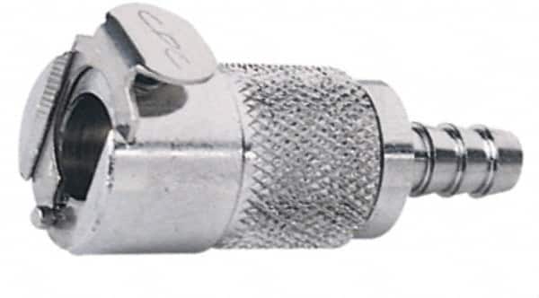 CPC Colder Products - 3/8" Inside Tube Diam, Brass, Quick Disconnect, Hose Barb Valved Inline Coupling Body - 250 Max psi, -40 to 180°F, 2" OAL x 0.89" Overall Height, Chrome Plated - Benchmark Tooling