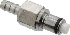 CPC Colder Products - 1/4" Inside Tube Diam, Brass, Quick Disconnect, Hose Barb Valved Inline Coupling Insert - 250 Max psi, -40 to 180°F, 2" OAL x 0.65" Overall Height, Chrome Plated - Benchmark Tooling