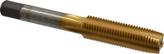 Kennametal - 7/16-20 UNF 4 Flute TiN Finish High Speed Steel Straight Flute Standard Hand Tap - Plug, Right Hand Thread, 3-5/32" OAL, 1-7/16" Thread Length, H3 Limit, Oversize - Exact Industrial Supply