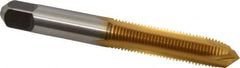 Kennametal - 3/8-24 UNF, 3 Flute, TiN Finish, High Speed Steel Spiral Point Tap - Plug Chamfer, Right Hand Thread, 2.94" OAL, 1-1/4" Thread Length, 0.381" Shank Diam, 3B Class of Fit - Exact Industrial Supply