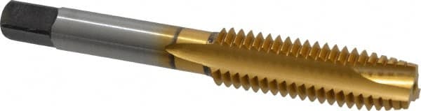 Kennametal - 7/16-14 UNC, 3 Flute, TiN Finish, High Speed Steel Spiral Point Tap - Plug Chamfer, Right Hand Thread, 3.16" OAL, 1-7/16" Thread Length, 0.323" Shank Diam - Exact Industrial Supply