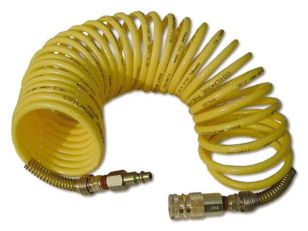 Coilhose Pneumatics - 1/2" ID, 1/2 Thread, 25' Long, Yellow Nylon Coiled & Self Storing Hose - 170 Max psi, Industrial Interchange Coupler x Male Swivel - Benchmark Tooling