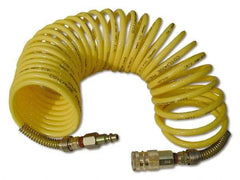 Coilhose Pneumatics - 3/8" ID, 3/8 Thread, 25' Long, Yellow Nylon Coiled & Self Storing Hose - 165 Max psi, Industrial Interchange Coupler x Male Swivel - Benchmark Tooling