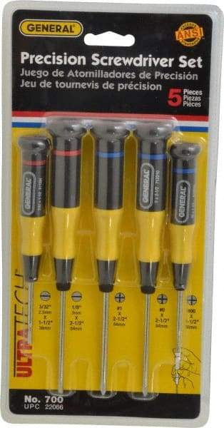 General - 5 Piece Phillips & Slotted Screwdriver Set - Electrician Shank, Plastic Handle, Blade Sizes: Length 1-1/2 & 2-1/2, Bit Sizes: Philips #00 to #1, Tip Thickness: 3/32 & 1/8 - Benchmark Tooling