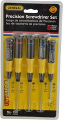 General - 5 Piece Phillips & Slotted Screwdriver Set - Electrician Shank, Plastic Handle, Blade Sizes: Length 1-1/2 & 2-1/2, Bit Sizes: Philips #00 to #1, Tip Thickness: 3/32 & 1/8 - Benchmark Tooling