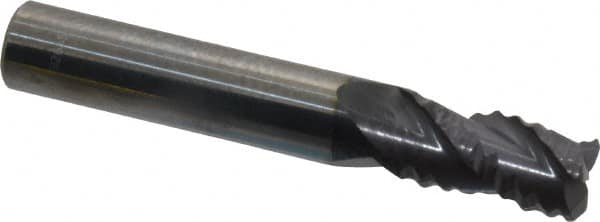 Accupro - 5/16" Diam, Coarse Pitch, 1/2" LOC, 3 Flute Solid Carbide Roughing Square End Mill - AlTiN Finish, 2" OAL, 5/16" Shank Diam, Single End, Centercutting, 30° Helix - Benchmark Tooling