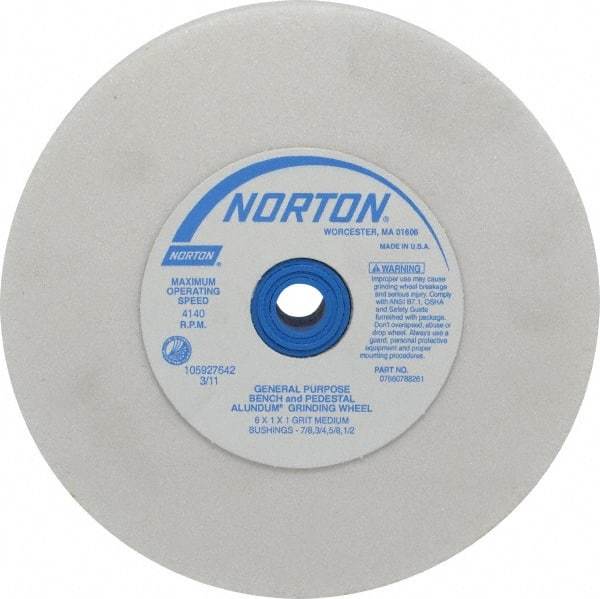 Norton - 60 Grit Aluminum Oxide Bench & Pedestal Grinding Wheel - 6" Diam x 1" Hole x 1" Thick, 4140 Max RPM, J Hardness, Medium Grade , Vitrified Bond - Benchmark Tooling