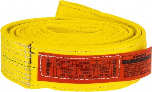 Lift-All - 8' Long x 3" Wide, 16,300 Lb Vertical Capacity, 2 Ply, Polyester Web Sling - 13,000 Lb Choker Capacity, Yellow - Benchmark Tooling