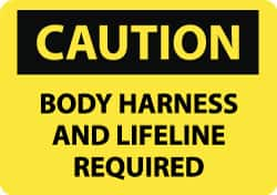 NMC - "Caution - Body Harness and Lifeline Required", 10" Long x 14" Wide, Rigid Plastic Safety Sign - Rectangle, 0.05" Thick, Use for Accident Prevention - Benchmark Tooling