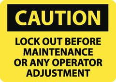 NMC - "Caution - Lock Out Before Maintenance or Any Operator Adjustment", 10" Long x 14" Wide, Rigid Plastic Safety Sign - Rectangle, 0.05" Thick, Use for Accident Prevention - Benchmark Tooling