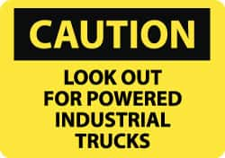 NMC - "Caution - Look Out for Powered Industrial Trucks", 10" Long x 14" Wide, Rigid Plastic Safety Sign - Rectangle, 0.05" Thick, Use for Accident Prevention - Benchmark Tooling