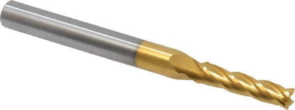 Hertel - 9/64", 1/2" LOC, 3/16" Shank Diam, 2" OAL, 4 Flute, Solid Carbide Square End Mill - Single End, TiN Finish, Spiral Flute, 30° Helix, Centercutting, Right Hand Cut, Right Hand Flute - Benchmark Tooling