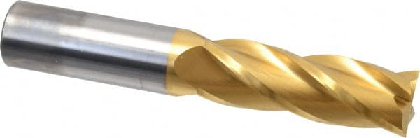 Hertel - 1", 3" LOC, 1" Shank Diam, 6" OAL, 4 Flute, Solid Carbide Square End Mill - Single End, TiN Finish, Spiral Flute, 30° Helix, Centercutting, Right Hand Cut - Benchmark Tooling