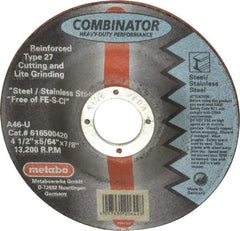 Metabo - 4-1/2" Zirconia Alumina Cutoff Wheel - 5/64" Thick, 7/8" Arbor, Use with Angle Grinders - Benchmark Tooling